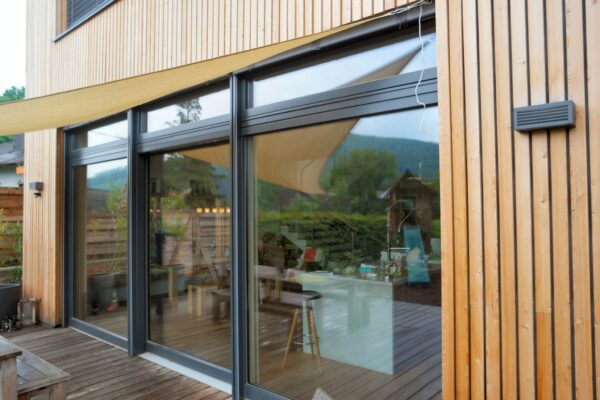 aluminium sliding doors on a wooden patio